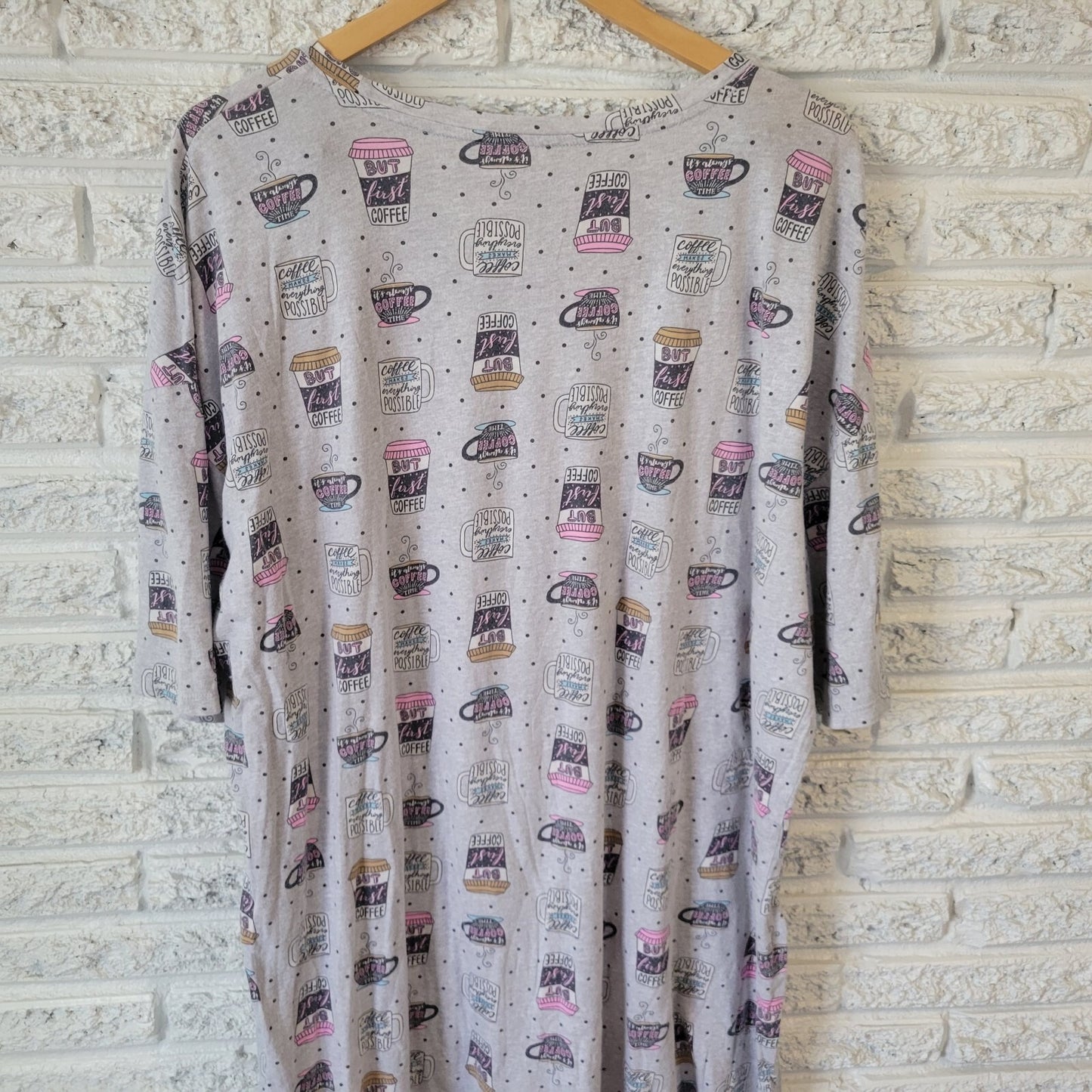 Secret Treasures Womens Pajama Top 2X Gown Gray Coffee All Over Loungewear Comfy