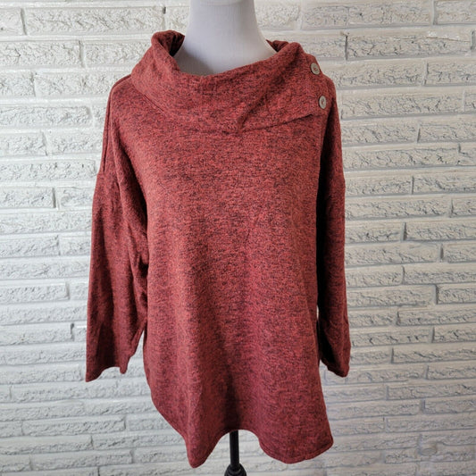 Ruby Rd Women Sweater 1X Plus Cowl Neck 3/4 Sleeve Deco Buttons Muted Red Marled