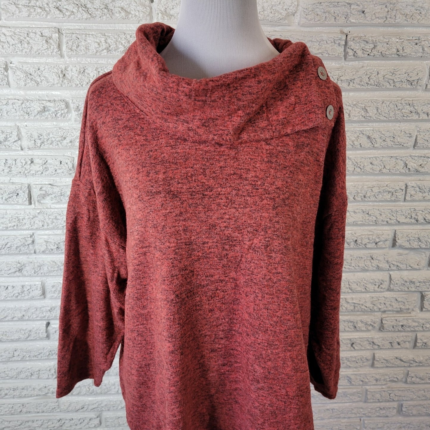 Ruby Rd Women Sweater 1X Plus Cowl Neck 3/4 Sleeve Deco Buttons Muted Red Marled