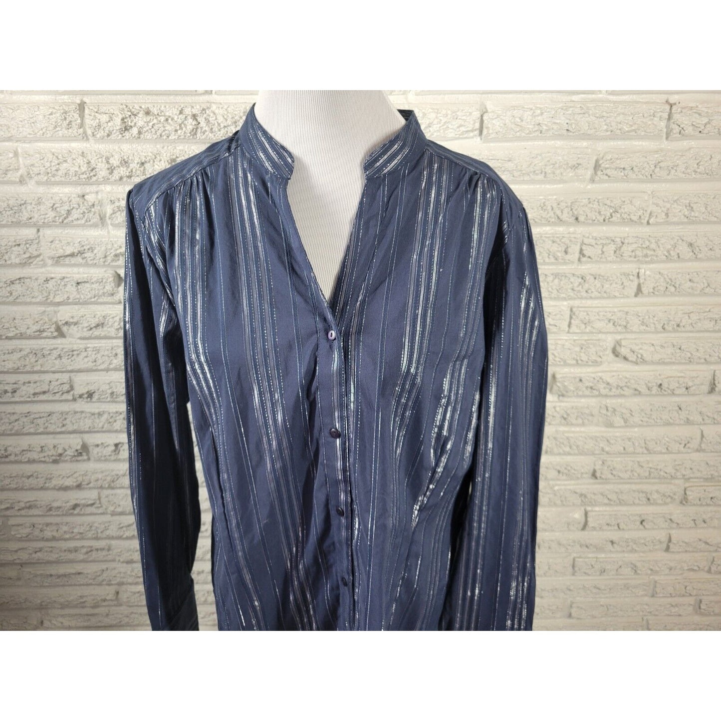 Ana Womens Top 3X Plus Long Sleeve Button Up Blue Silver Metallic Stripe Office