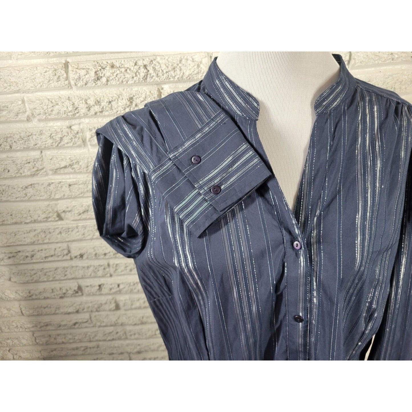 Ana Womens Top 3X Plus Long Sleeve Button Up Blue Silver Metallic Stripe Office