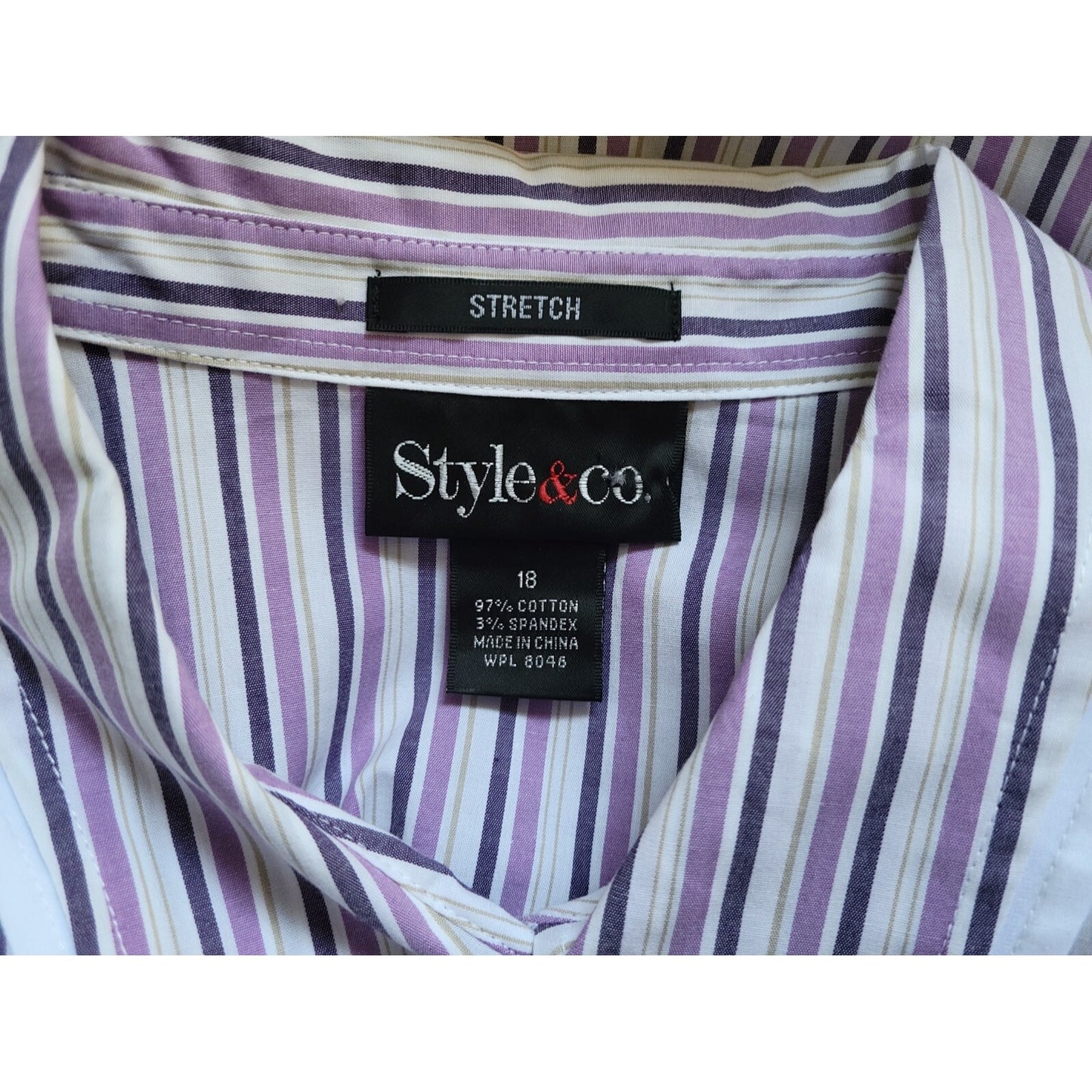 Style & Co 18 Plus Size Shirt Purple Striped Cotton Blend Button Up Long Sleeve