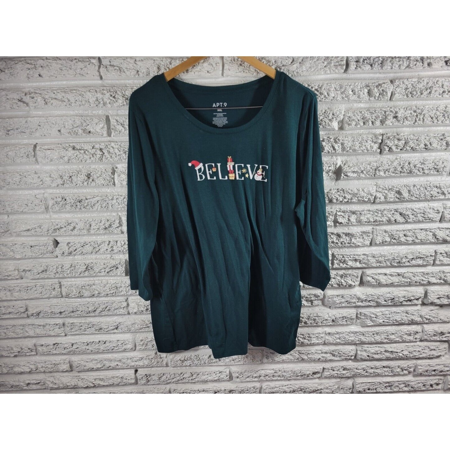 Christmas Apt 9 Womens Top XXL Tee Tunic 3/4 Sleeve Green Poly Blend Believe