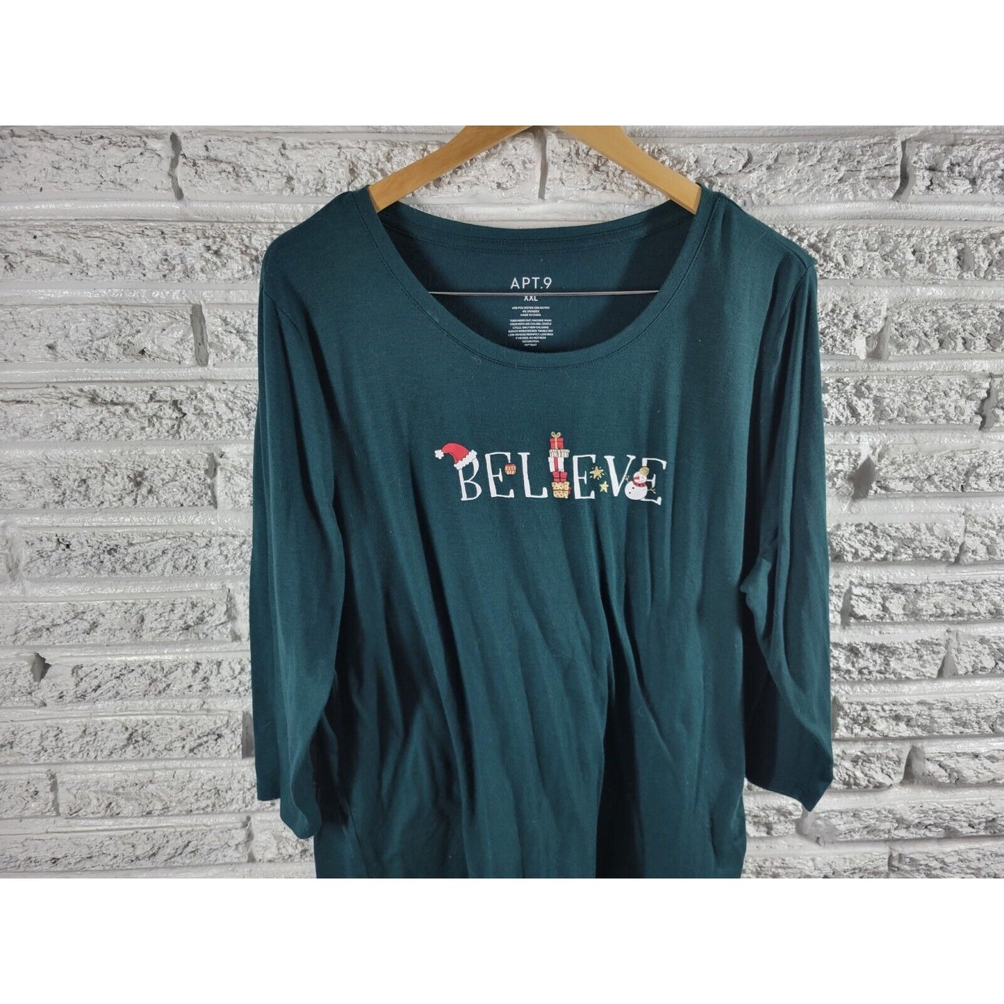 Christmas Apt 9 Womens Top XXL Tee Tunic 3/4 Sleeve Green Poly Blend Believe