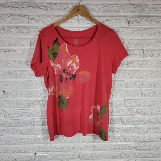 St. John's Bay Women Red Extra Large XL Floral Cotton Blend Short Sleeve Top Tee