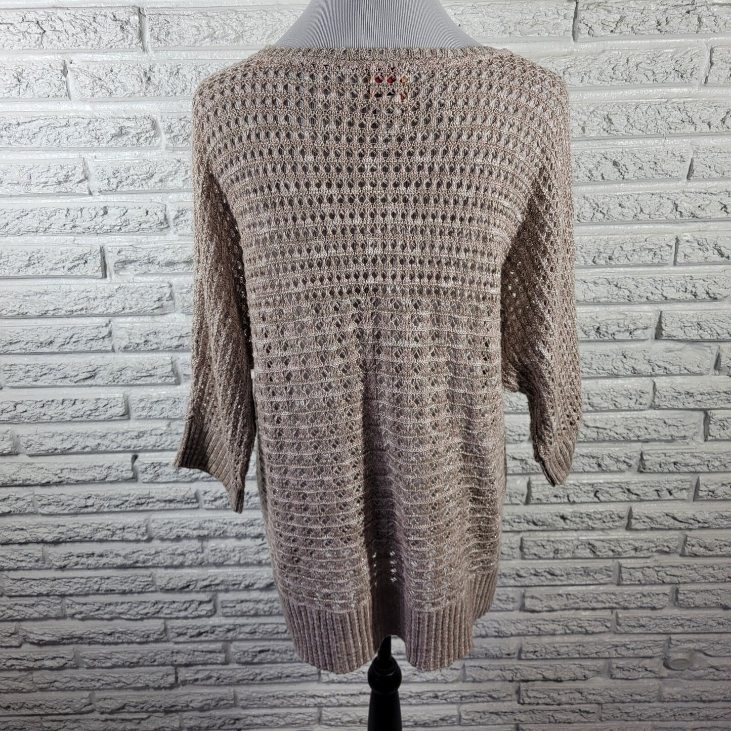 Ruby Rd Womens Sweater 2X Plus Open Knit Beige Gold Metallic Lightweight Career