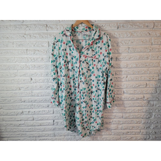 Christmas Lands End Women Pajamas XL 18 Nightgown Cows Cotton Collar Green Comfy