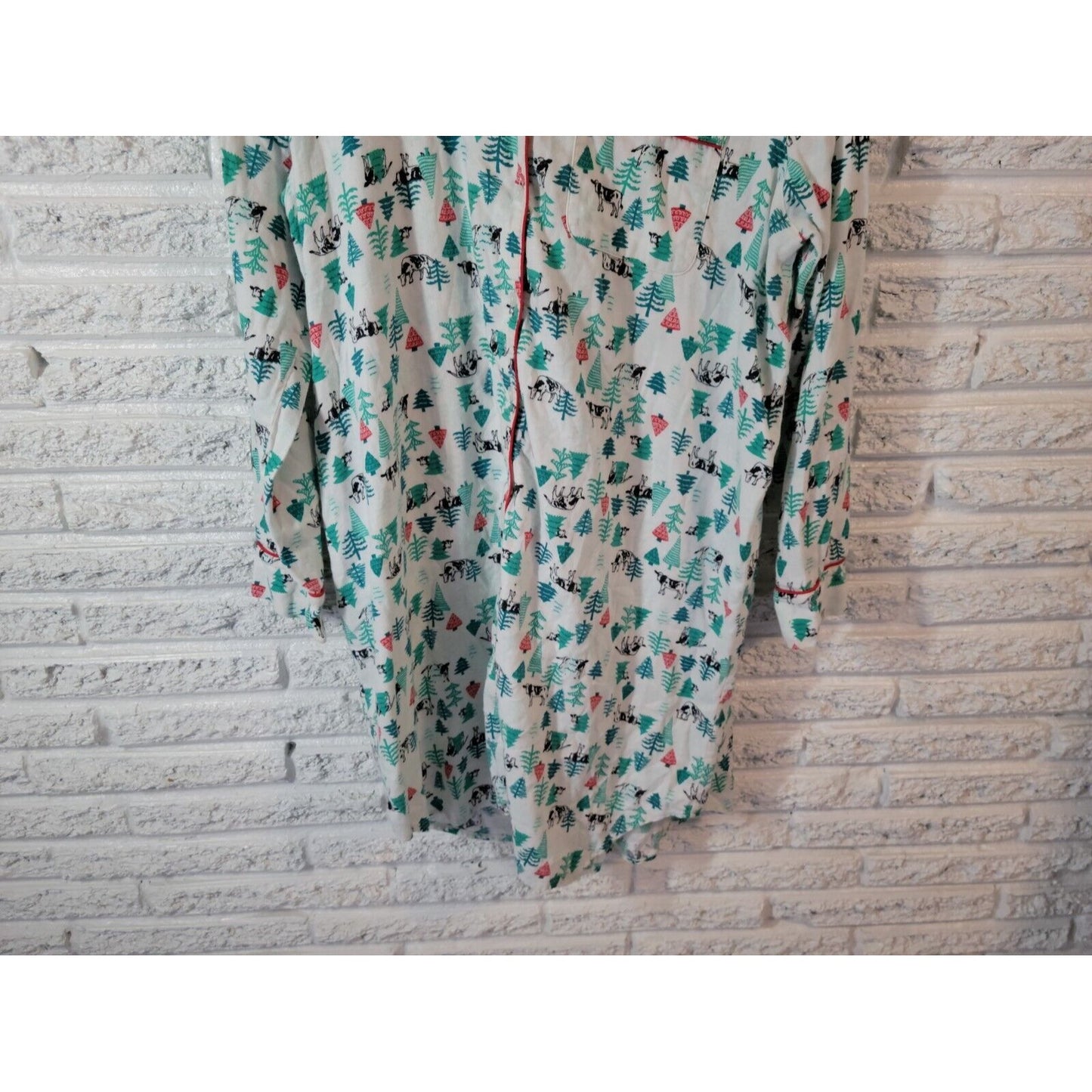 Christmas Lands End Women Pajamas XL 18 Nightgown Cows Cotton Collar Green Comfy