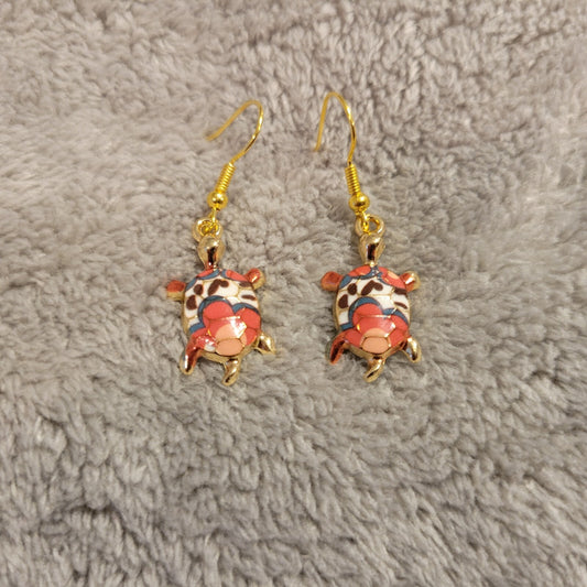 Turtles #10 Womens Earrings One Pair Orange Black Zinc Alloy Hanging Gold Tone