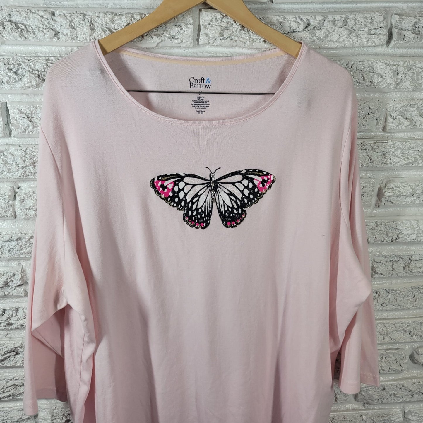 Croft Barrow Women Top 3X Plus Tee 3/4 Sleeve Butterfly Pink Rhinestones Glitter