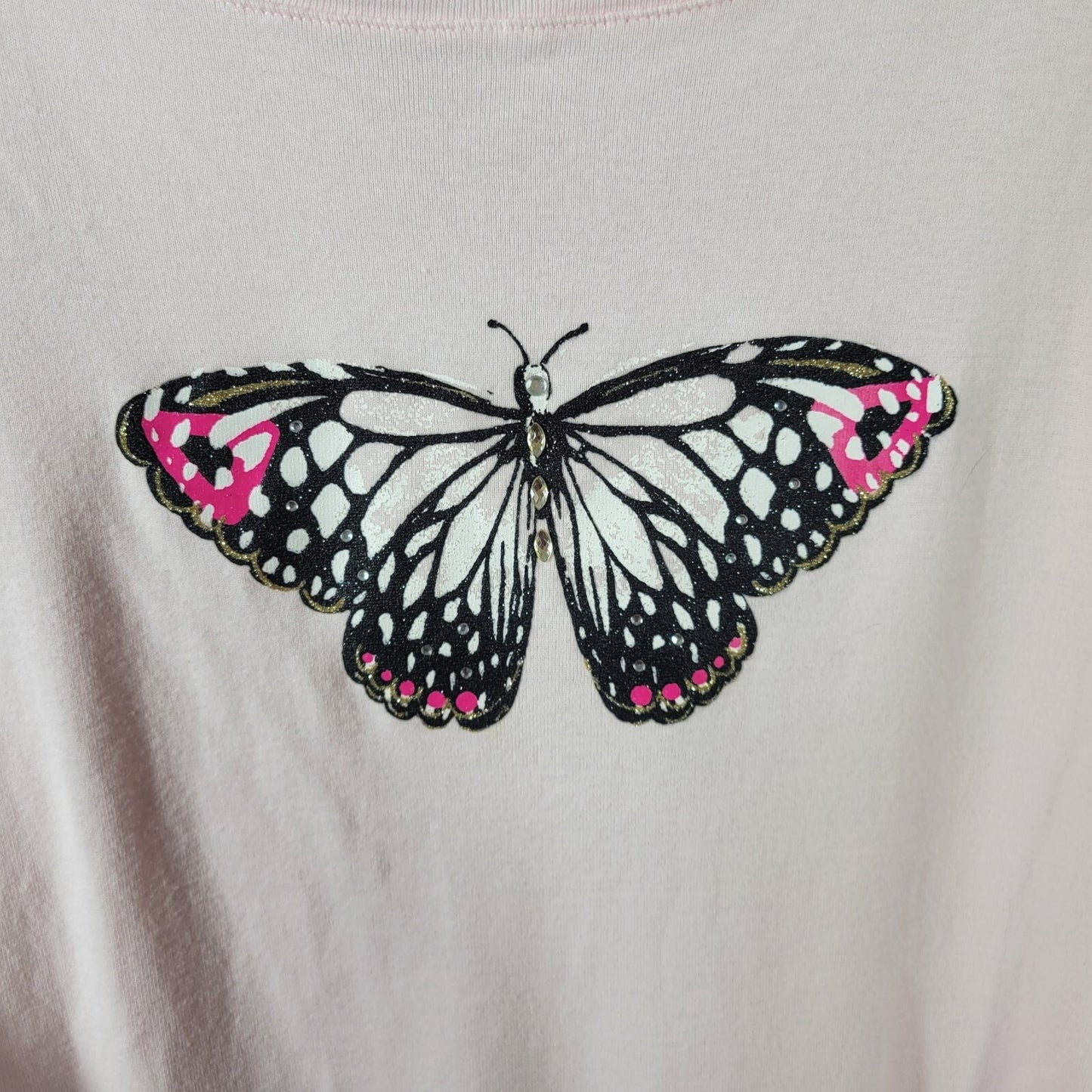 Croft Barrow Women Top 3X Plus Tee 3/4 Sleeve Butterfly Pink Rhinestones Glitter