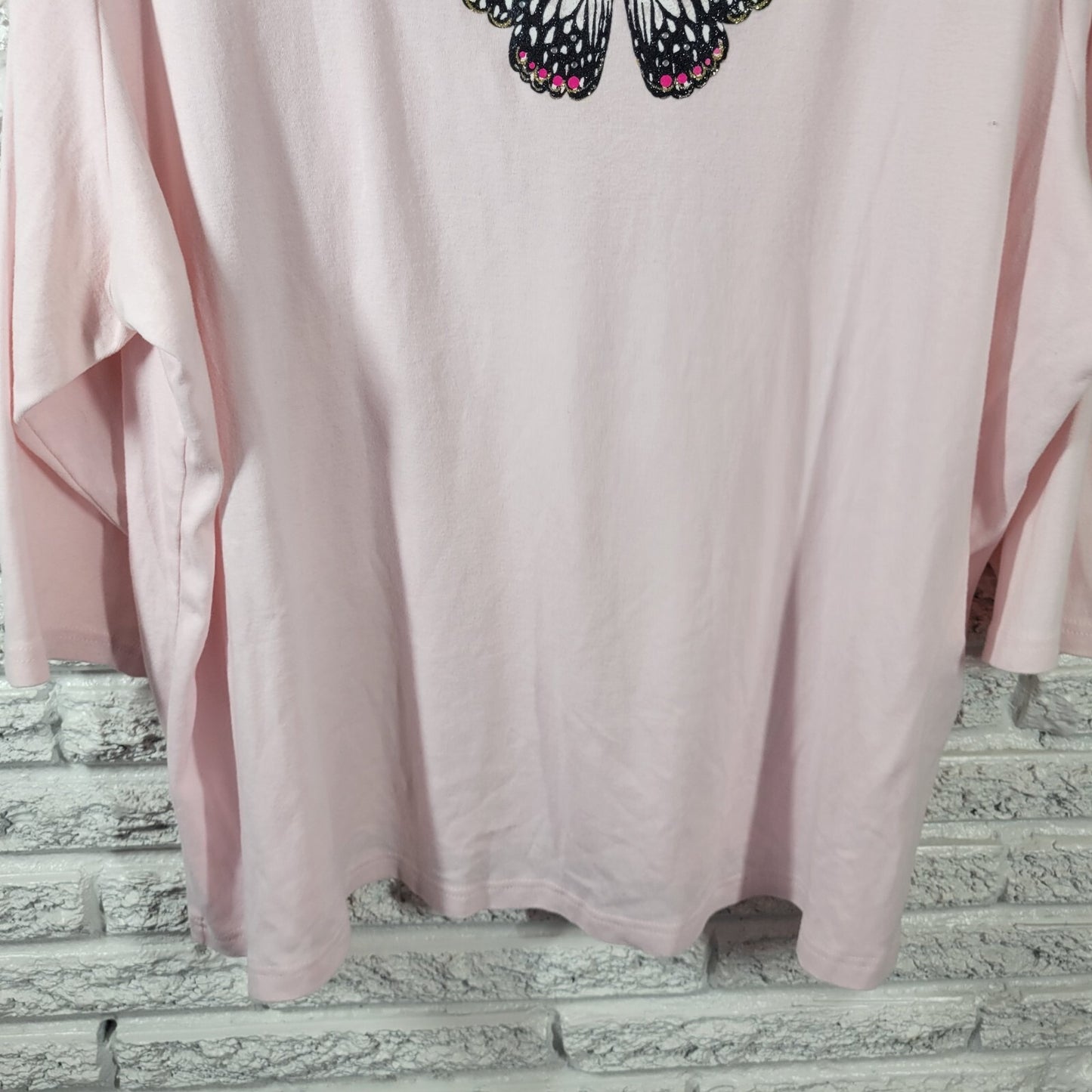 Croft Barrow Women Top 3X Plus Tee 3/4 Sleeve Butterfly Pink Rhinestones Glitter