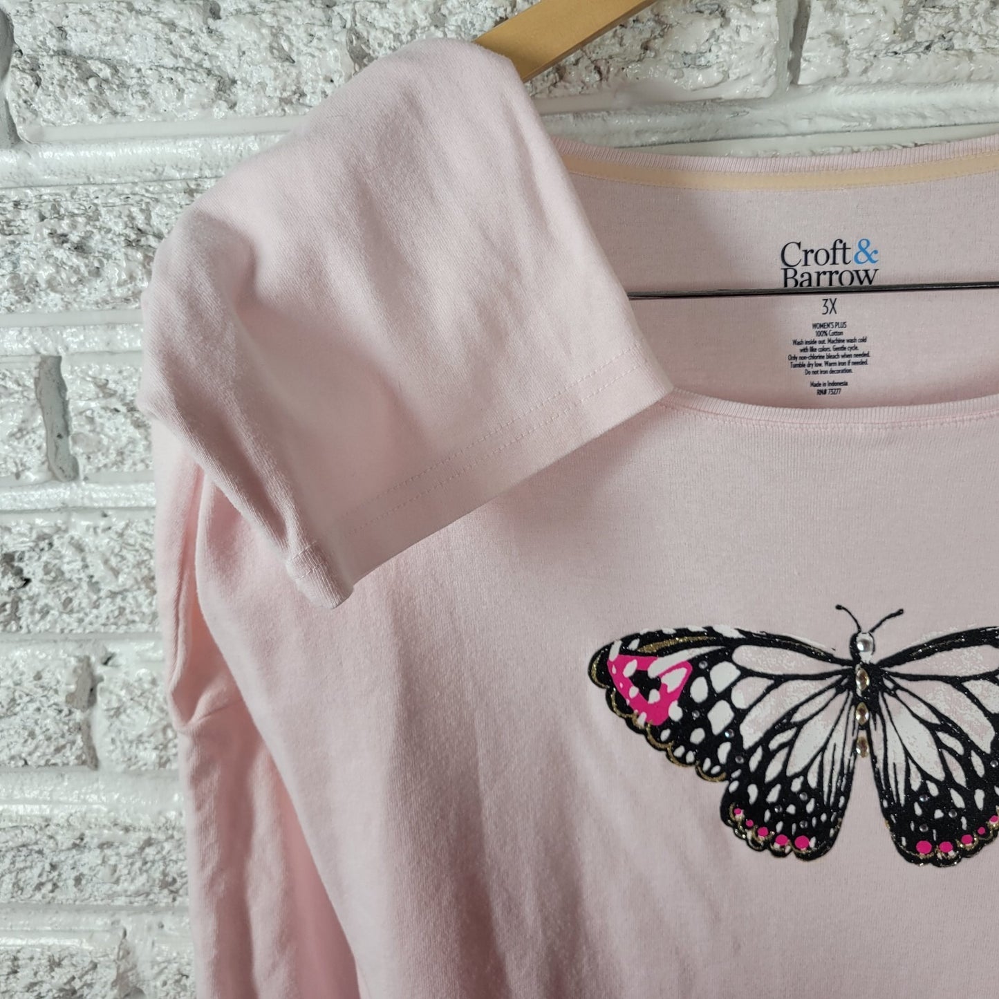 Croft Barrow Women Top 3X Plus Tee 3/4 Sleeve Butterfly Pink Rhinestones Glitter