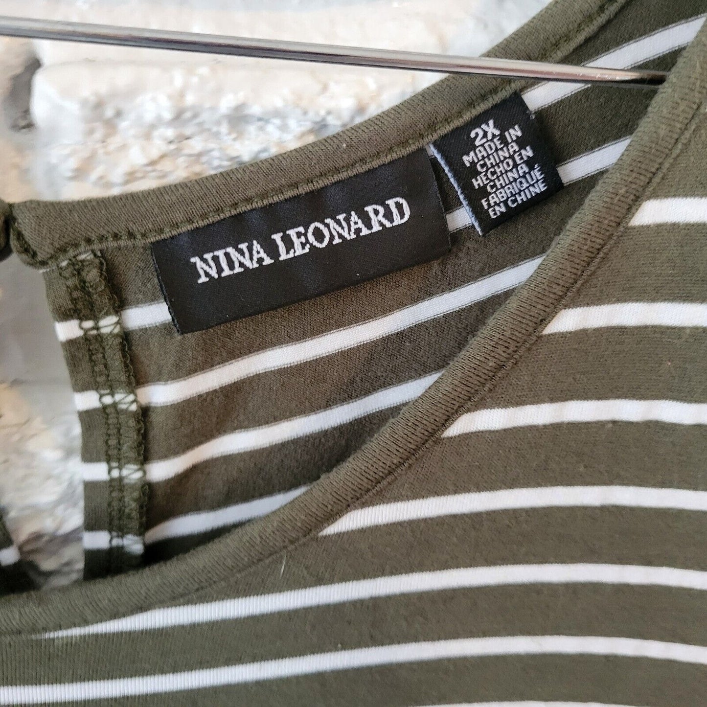 Nina Leonard Women Dress 2X Plus Sleeveless Shift Green White Stripe Lightweight