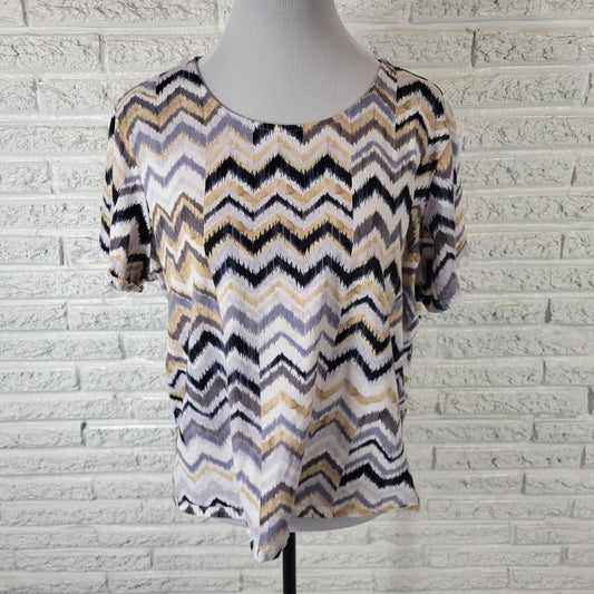 Alfred Dunner Womens Top PXL Petite Tee Short Sleeve Tan Black Zig Zag Casual