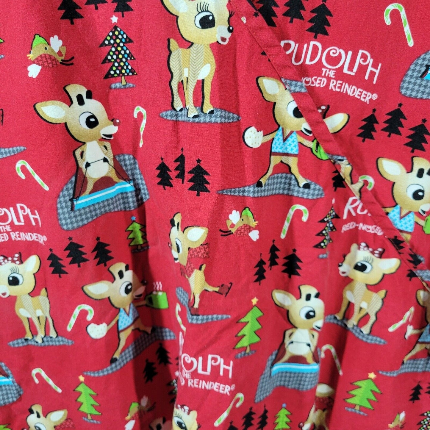 Christmas Rudolph Reindeer Unisex Scrub Top 3X Red Pockets Elastic Back Vet Tech