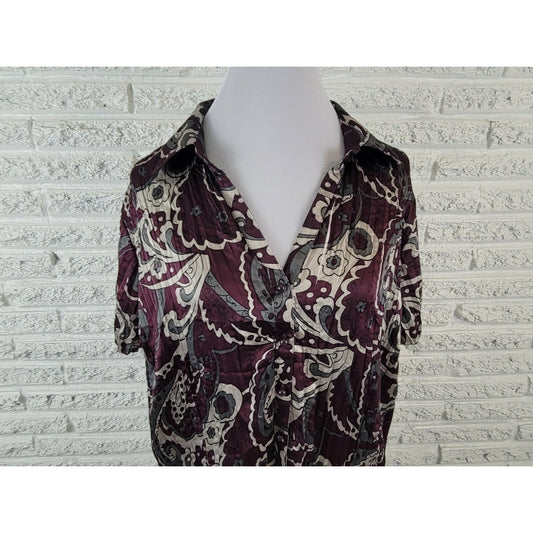 Lane Bryant Womens Top 22 24 Plus Button Up VNeck Purple Paisley Crinkle Office