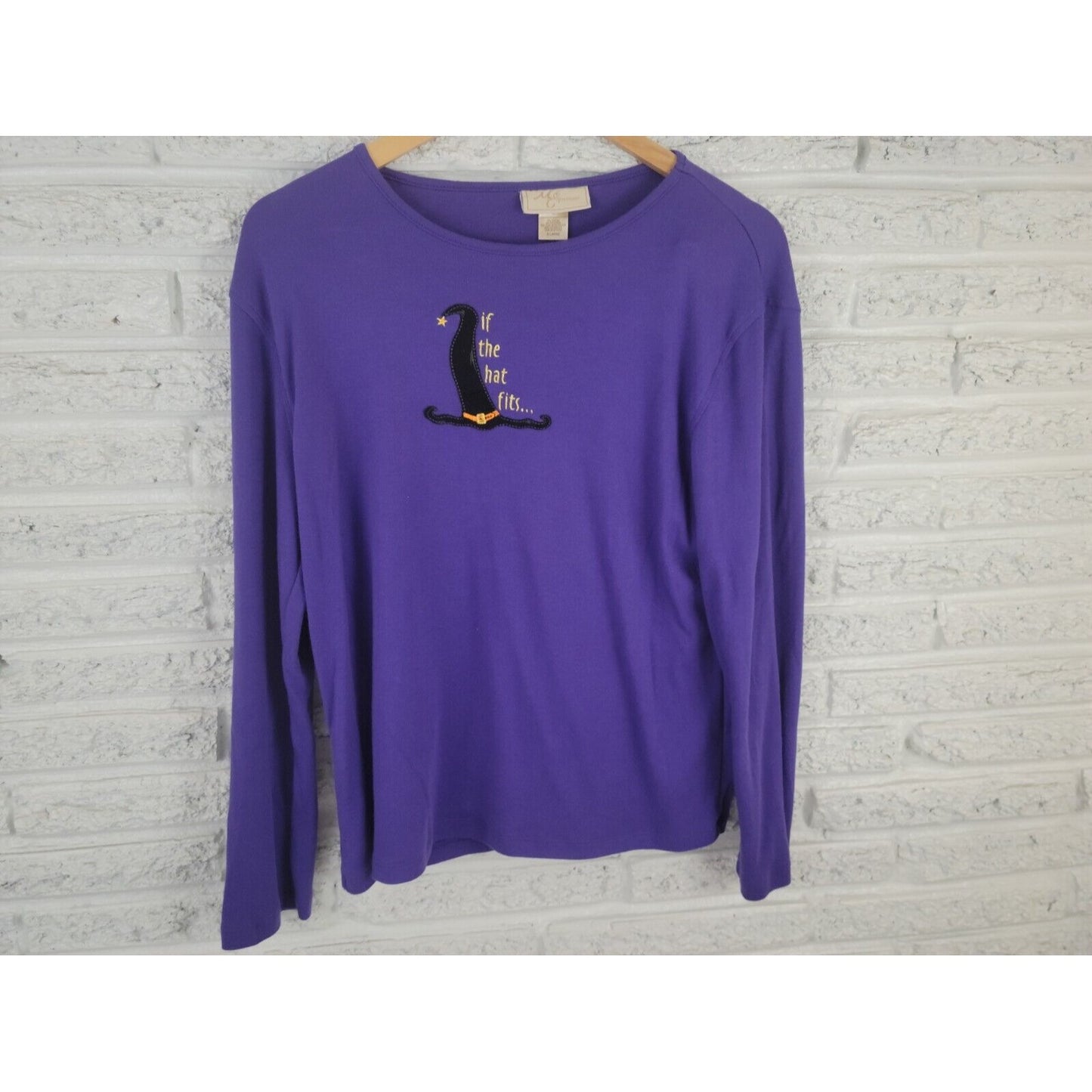 Halloween Womens Top Extra Large Tee Knit Witch Hat Long Sleeve Pullover Casual