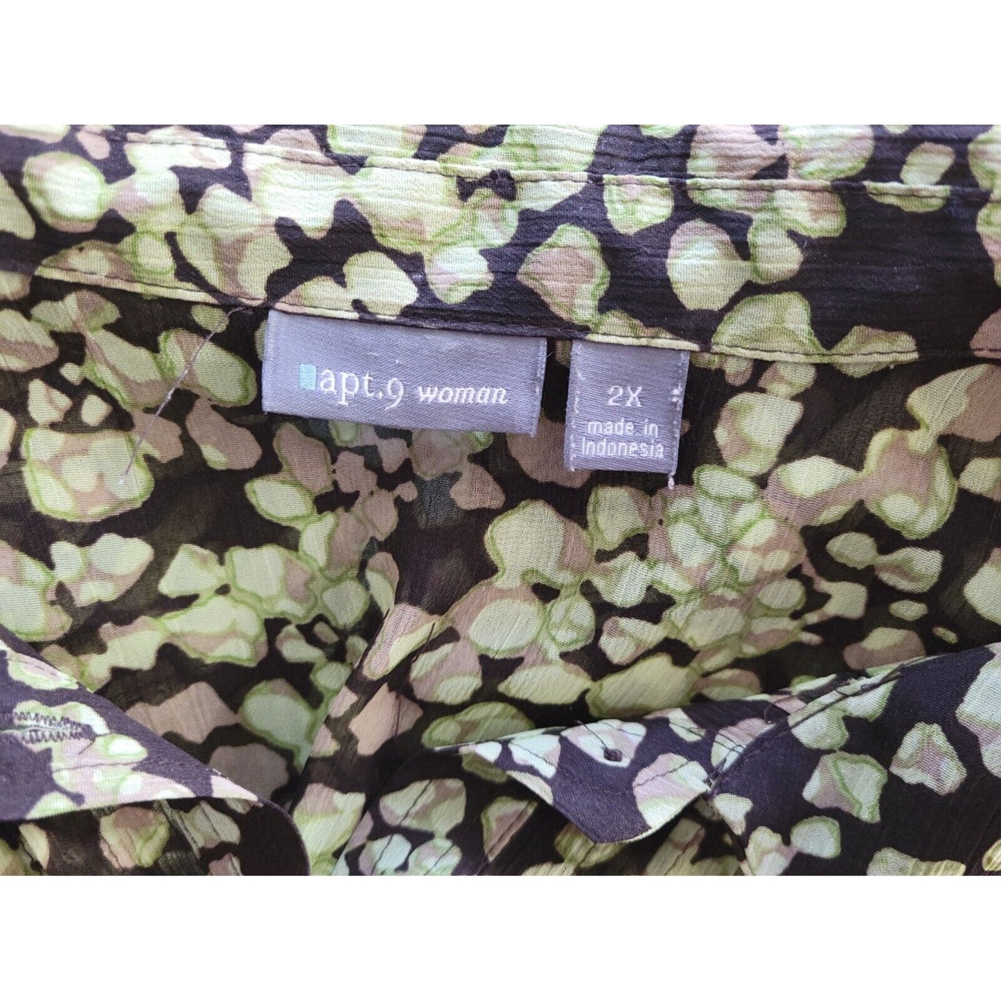 Apt 9 Womens Shirt 2X Plus Flutter Sleeve Button Up Green Watercolor Sheer