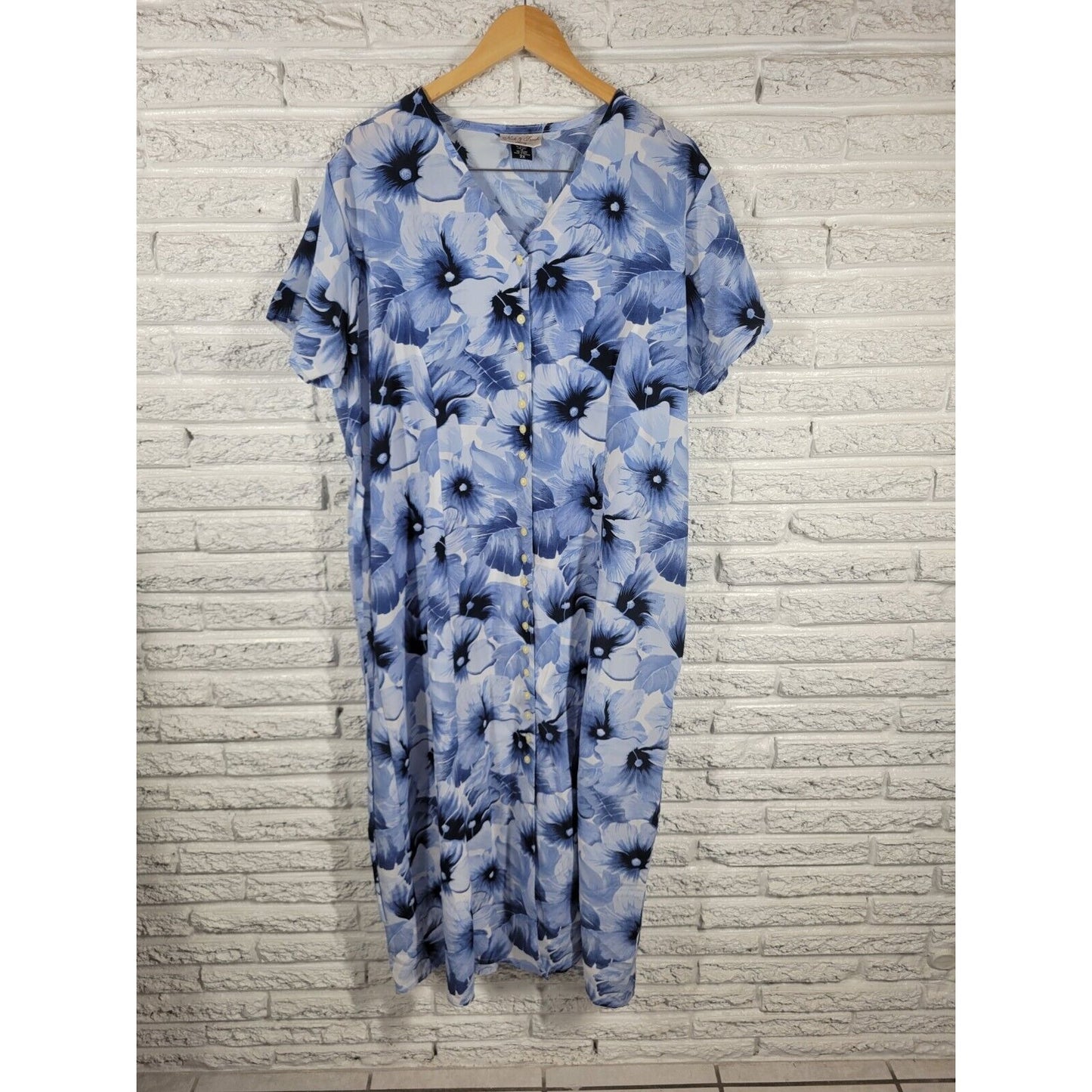 Nick Sarah Womens Dress 3X Short Sleeve Shift Midi Blue Floral Sash Button Up