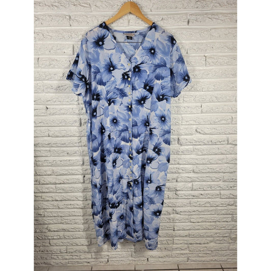 Nick Sarah Womens Dress 3X Short Sleeve Shift Midi Blue Floral Sash Button Up