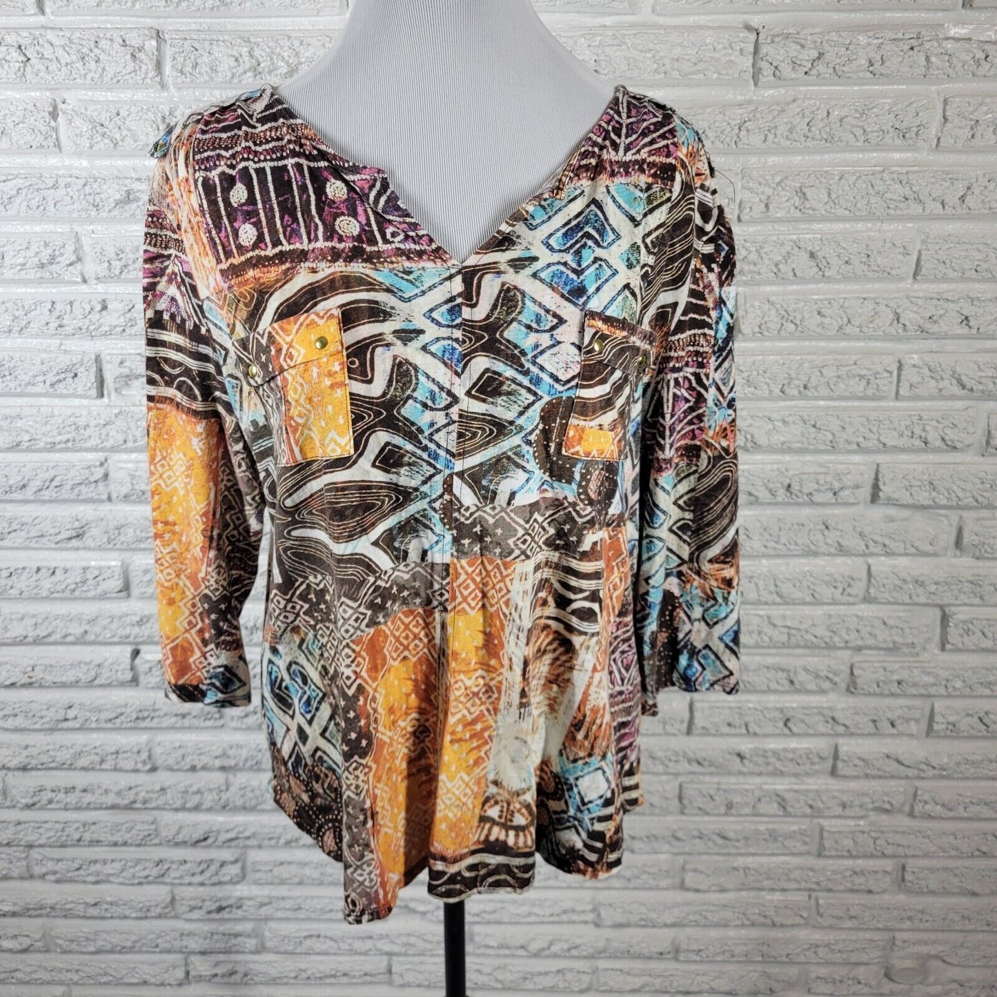 Chicos Womens Top 3 Standard XL 3/4 Sleeve Brown Geometric Pockets Casual Cotton