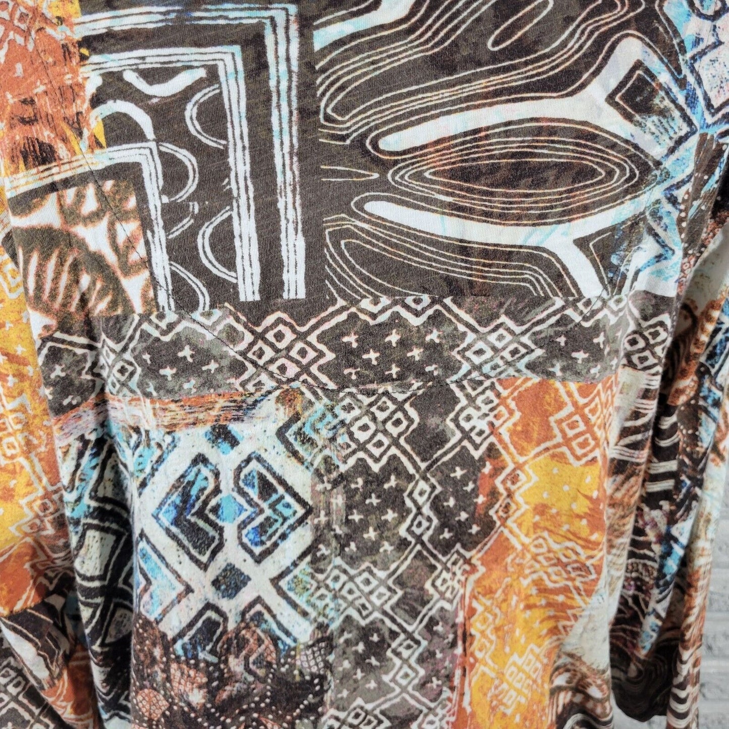 Chicos Womens Top 3 Standard XL 3/4 Sleeve Brown Geometric Pockets Casual Cotton