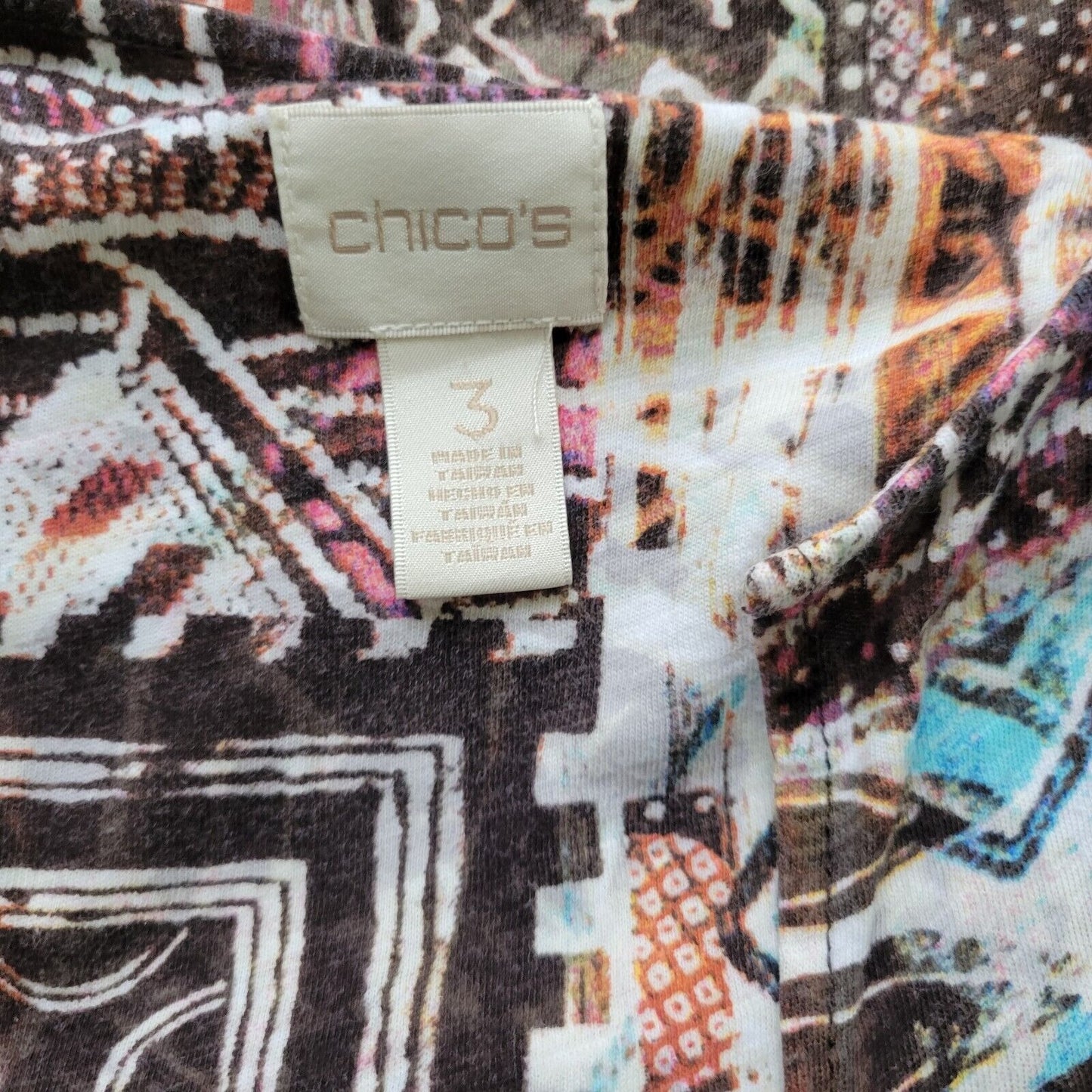 Chicos Womens Top 3 Standard XL 3/4 Sleeve Brown Geometric Pockets Casual Cotton