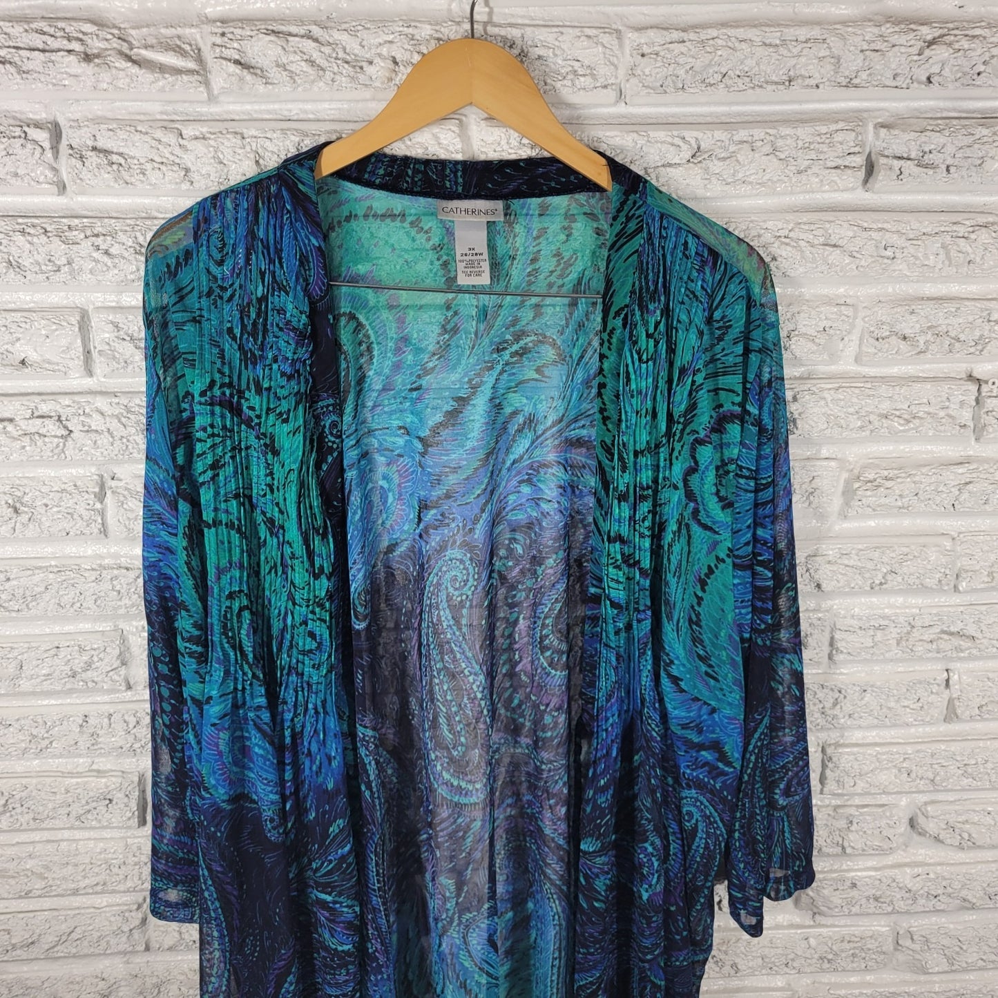 Catherines Women Top 3X Plus Cardigan Open Sheer Blue Watercolor Paisley Pintuck