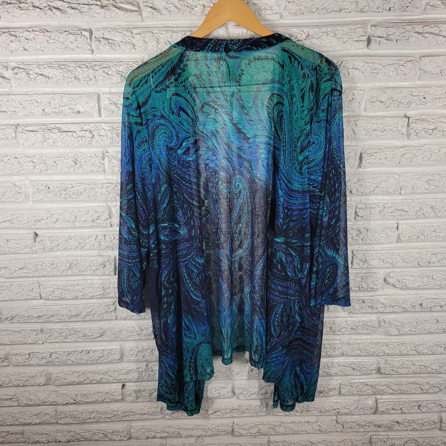 Catherines Women Top 3X Plus Cardigan Open Sheer Blue Watercolor Paisley Pintuck