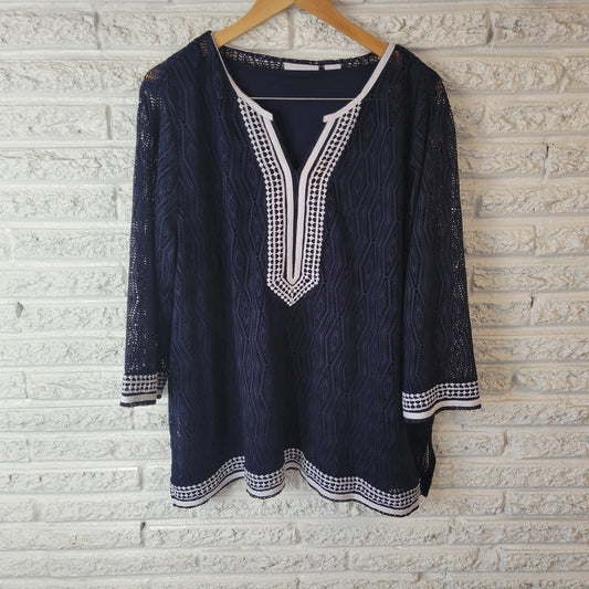 Alfred Dunner Womens Top 2X Plus 3/4 Sleeve Blue Mesh Lined Crochet Trim Career