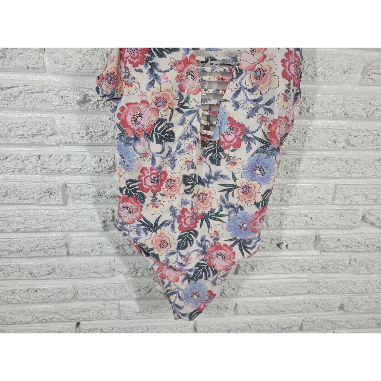 Time Tru Womens Swimsuit 1X Plus One Piece Blue Floral Lattice Plunge Bra Lined