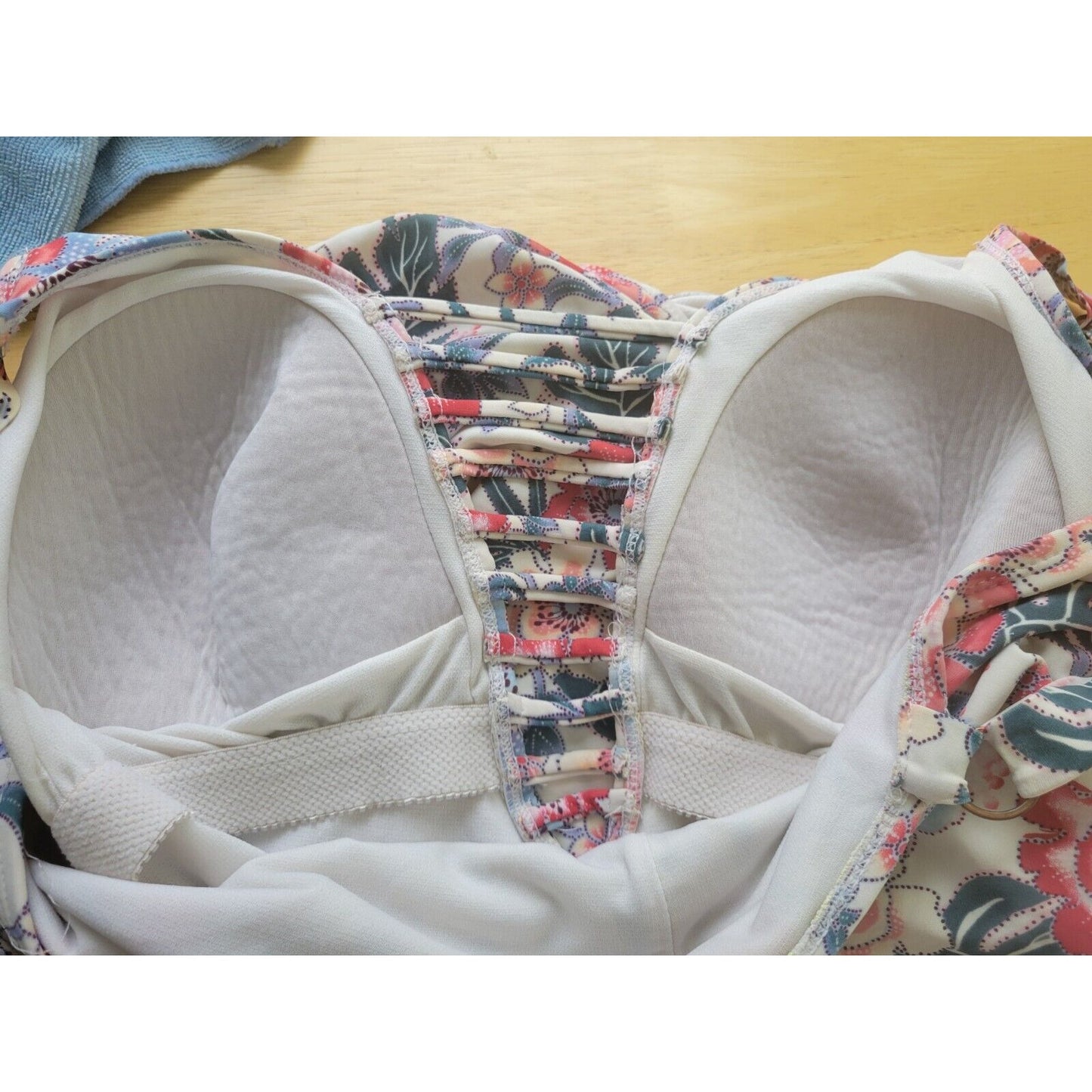 Time Tru Womens Swimsuit 1X Plus One Piece Blue Floral Lattice Plunge Bra Lined