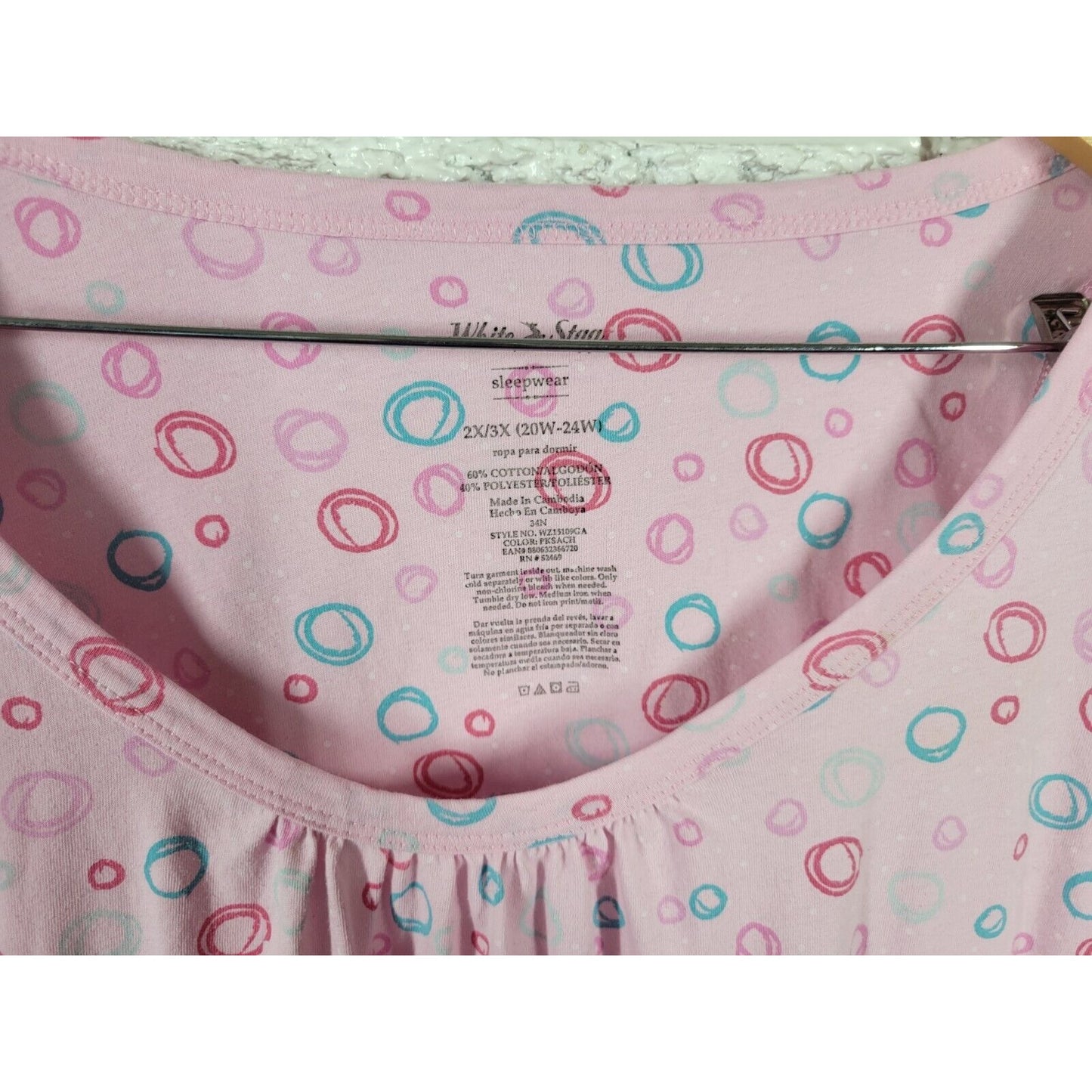 White Stag Womens Nightgown 2X 3X Long Sleeve Pink Lightweight Scribble Circles