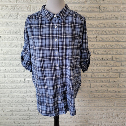 Woman Within Women Top 1X 22 24 Short Sleeve Blue White Plaid Lightweight Cotton