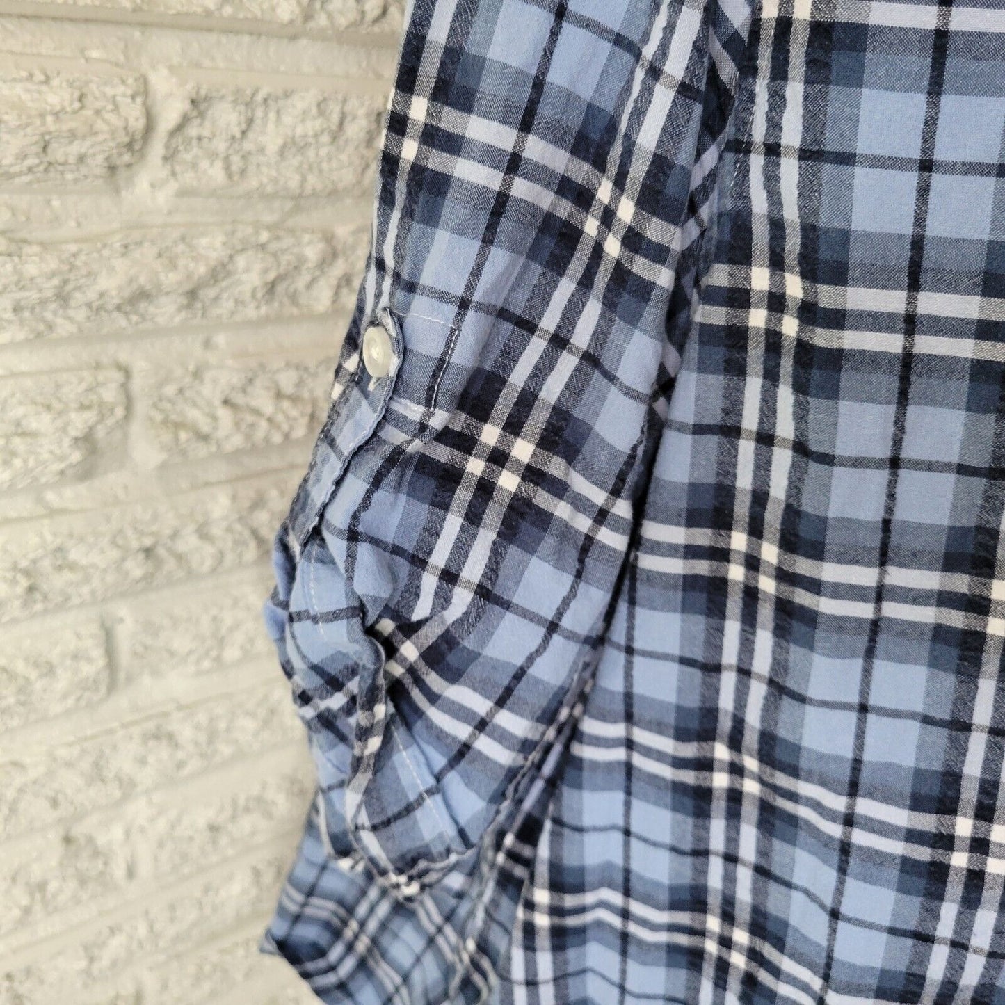 Woman Within Women Top 1X 22 24 Short Sleeve Blue White Plaid Lightweight Cotton