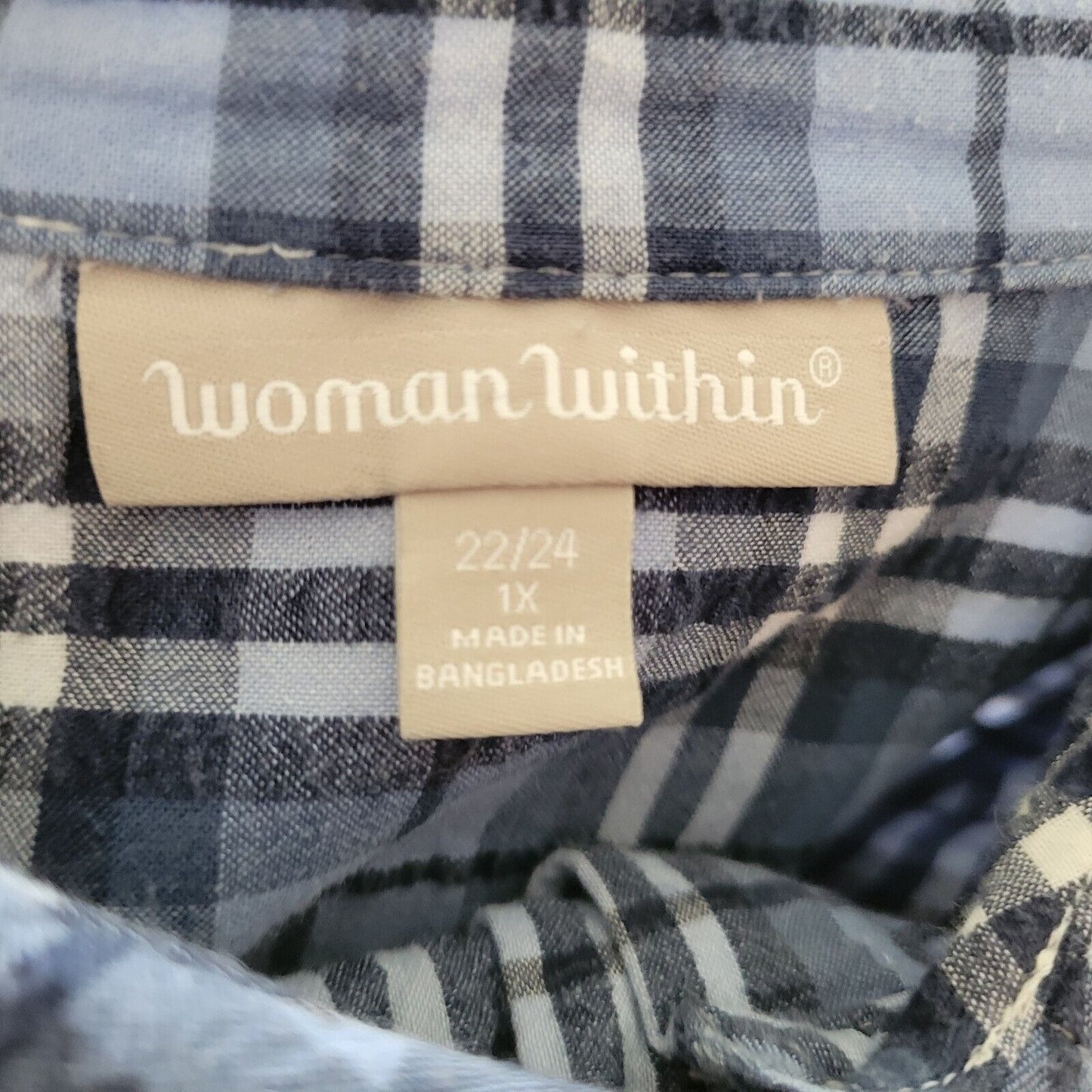 Woman Within Women Top 1X 22 24 Short Sleeve Blue White Plaid Lightweight Cotton