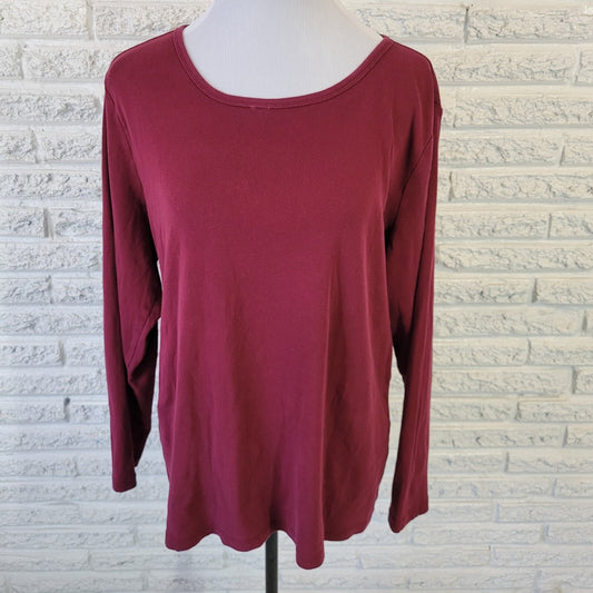 St Johns Bay Women Top 2X Plus Tee Long Sleeve Burgundy Cotton Lightweight Comfy