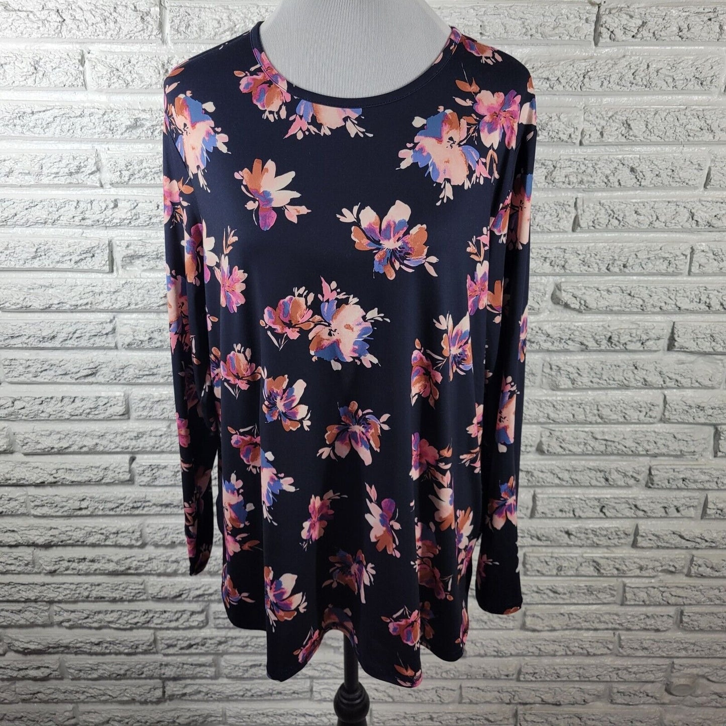 J Jill Fit Womens Top Extra Large Tee Long Sleeve Blue Pink Floral Poly Blend