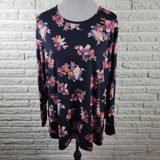 J Jill Fit Womens Top Extra Large Tee Long Sleeve Blue Pink Floral Poly Blend