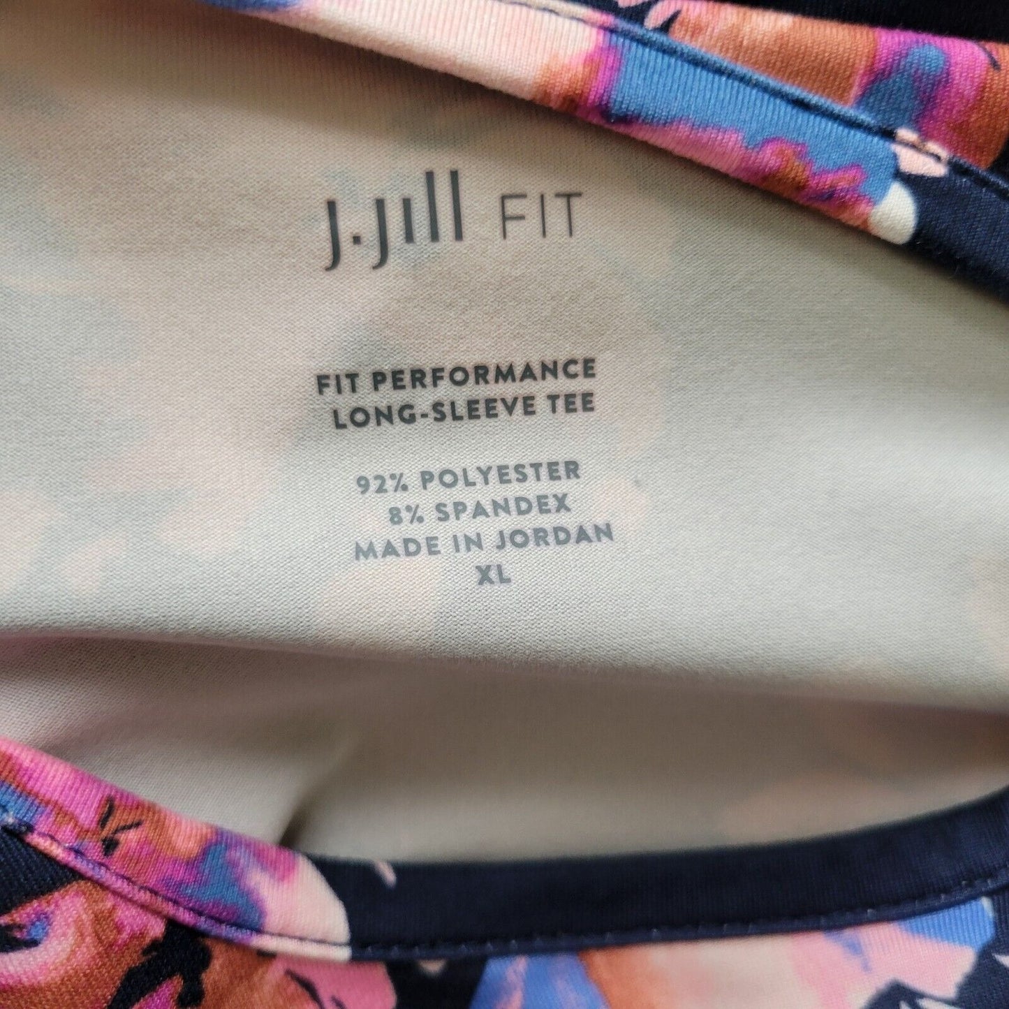J Jill Fit Womens Top Extra Large Tee Long Sleeve Blue Pink Floral Poly Blend