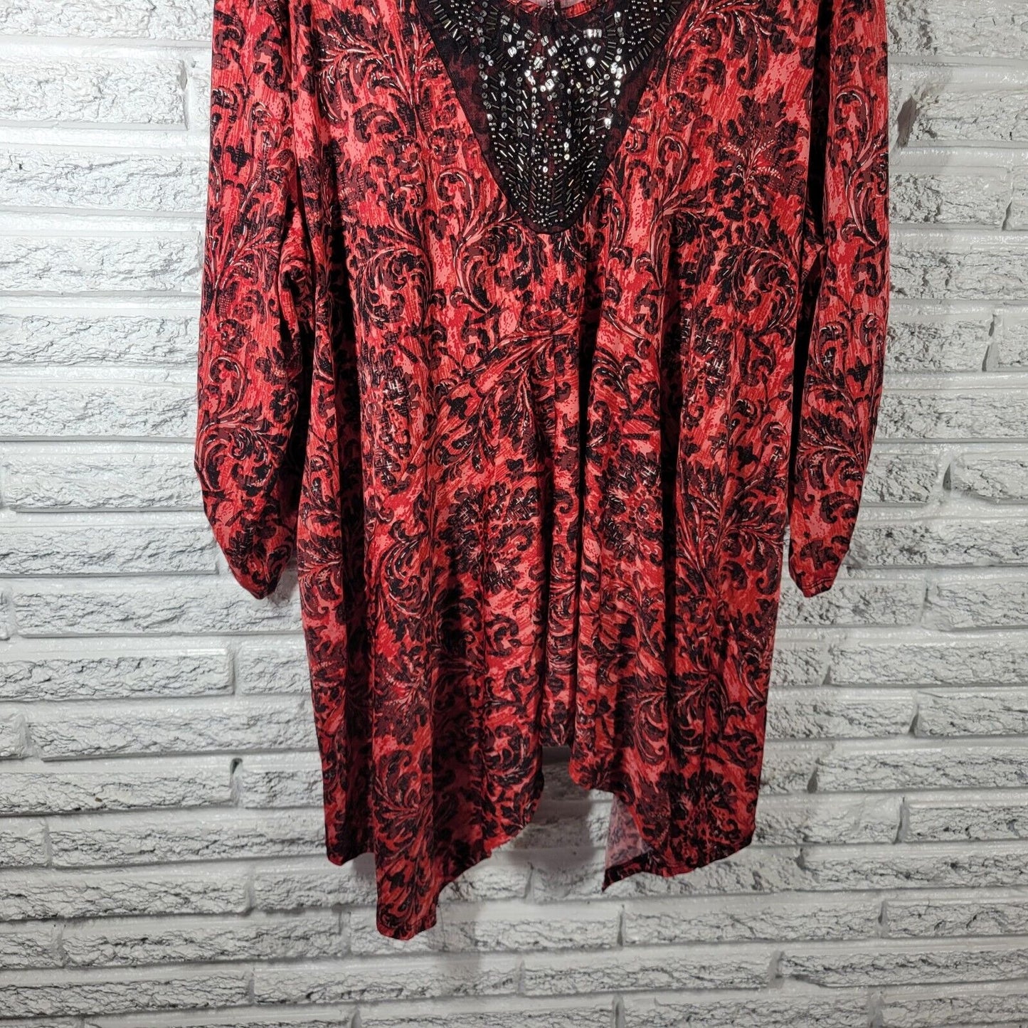 Avenue Womens Top 30 32 Tunic Ruched Sleeve Red Damask Asymmetric Beads Sequin
