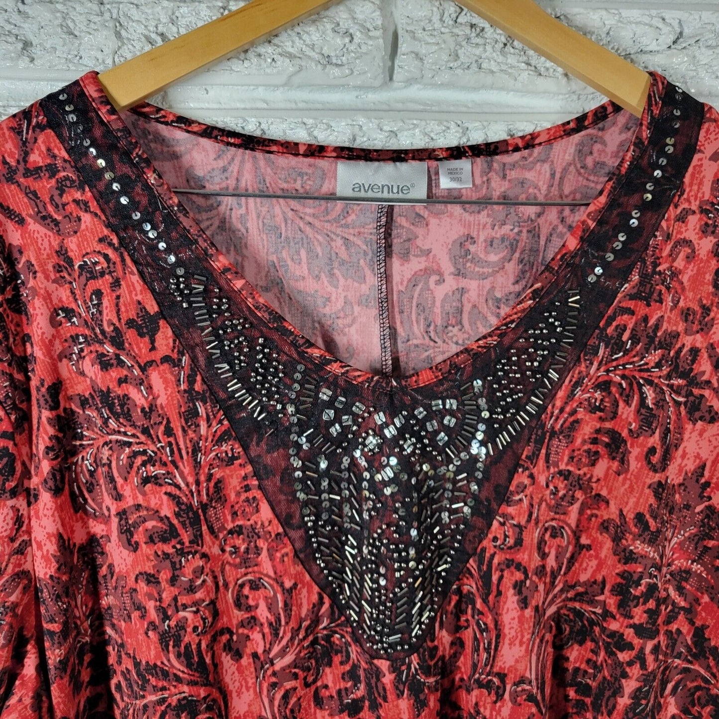 Avenue Womens Top 30 32 Tunic Ruched Sleeve Red Damask Asymmetric Beads Sequin