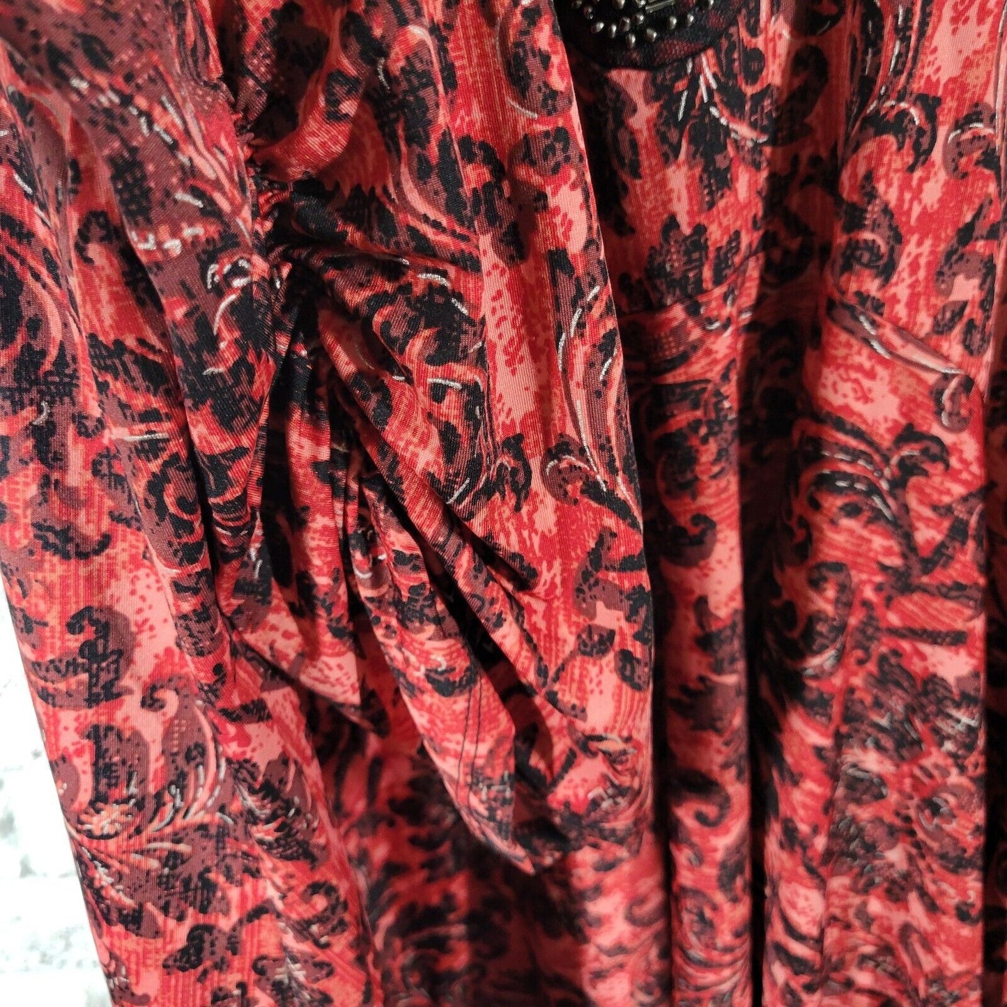 Avenue Womens Top 30 32 Tunic Ruched Sleeve Red Damask Asymmetric Beads Sequin