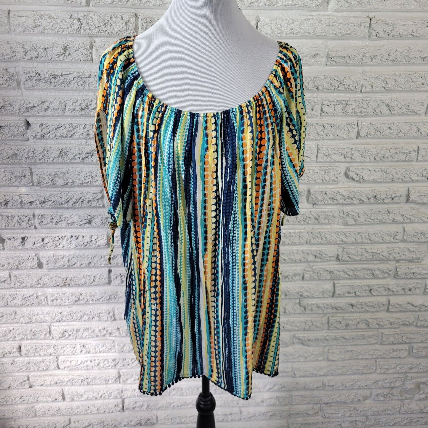 Est 1946 Womens Top 18W 20W On Off Shoulder Blue Geometric Ric Rac Lightweight