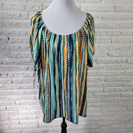 Est 1946 Womens Top 18W 20W On Off Shoulder Blue Geometric Ric Rac Lightweight