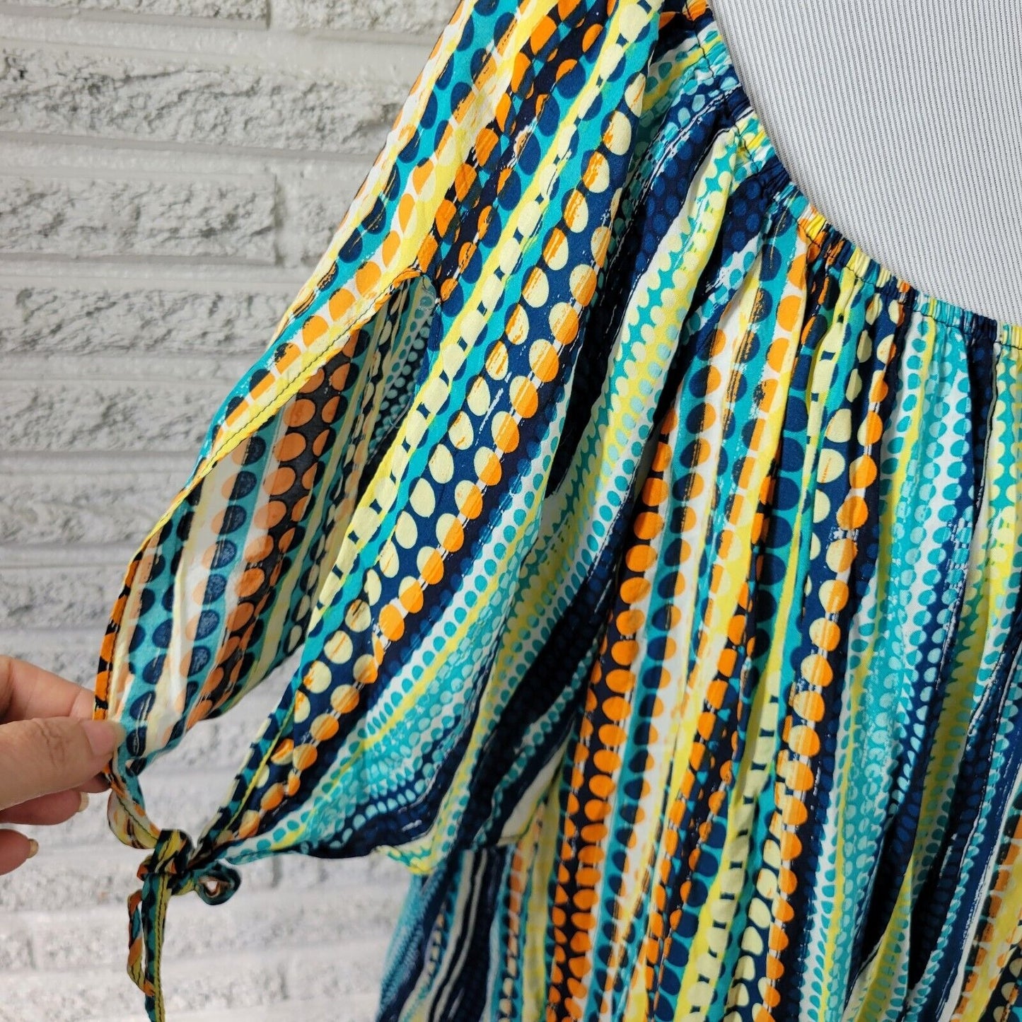 Est 1946 Womens Top 18W 20W On Off Shoulder Blue Geometric Ric Rac Lightweight