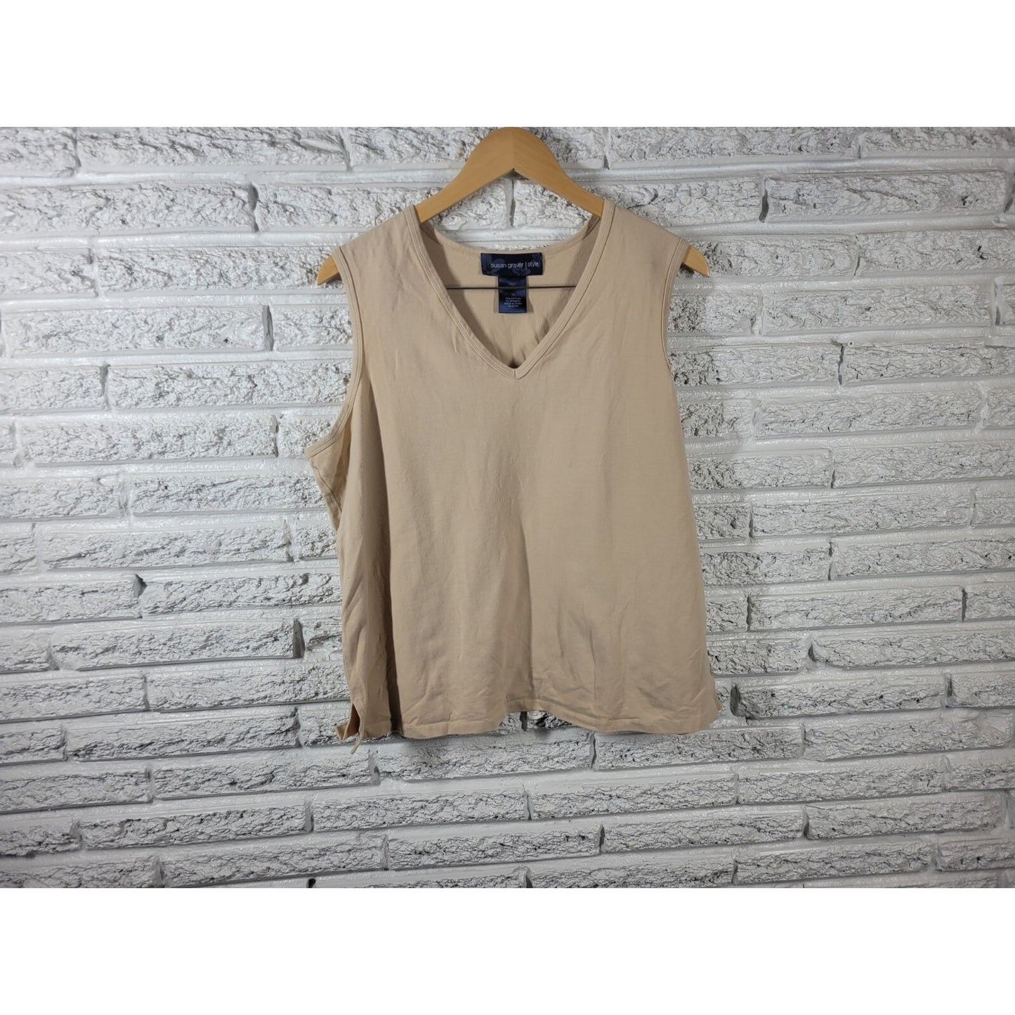 Susan Graver QVC Womens Top 1X Plus Sleeveless Beige Cotton Blend Career Casual