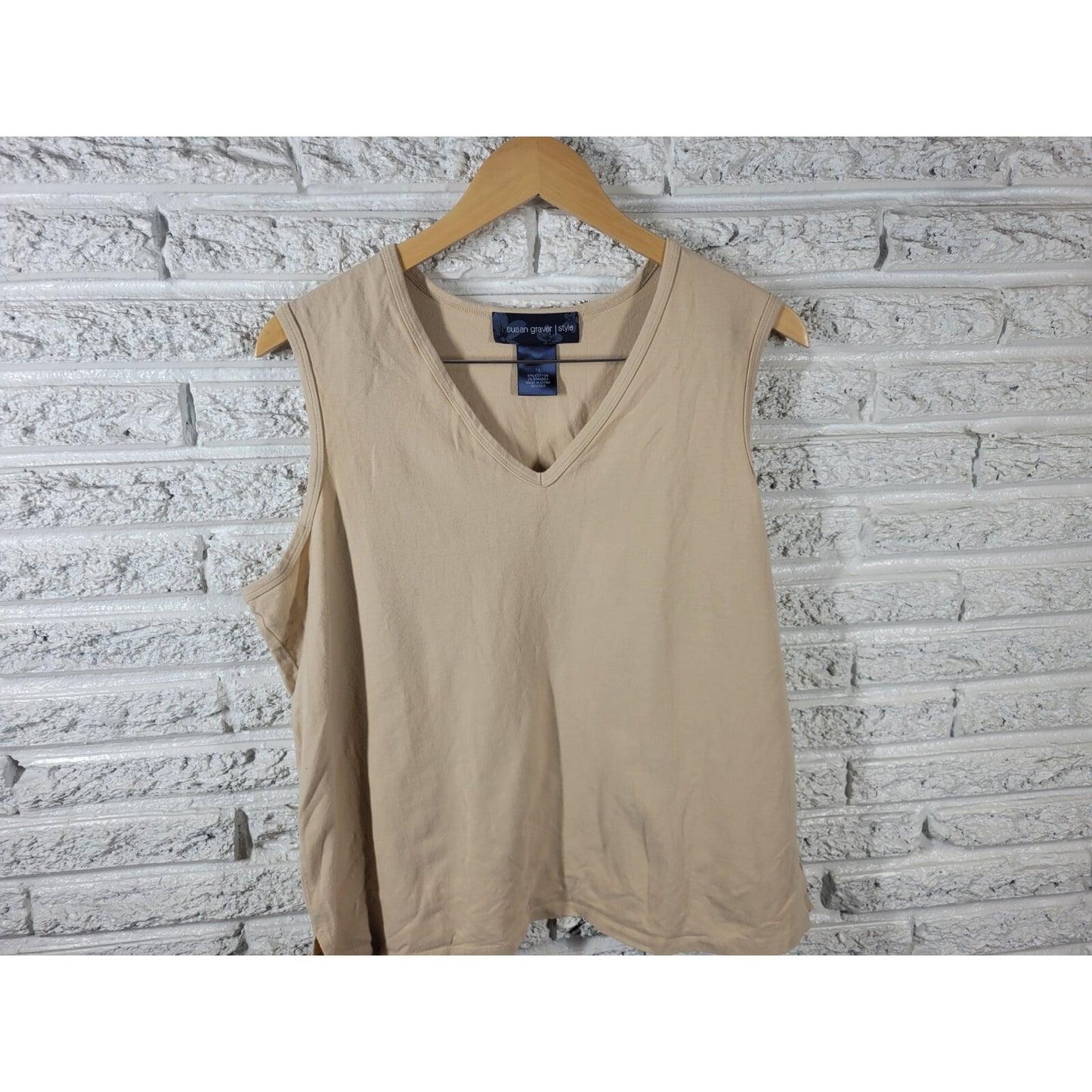 Susan Graver QVC Womens Top 1X Plus Sleeveless Beige Cotton Blend Career Casual