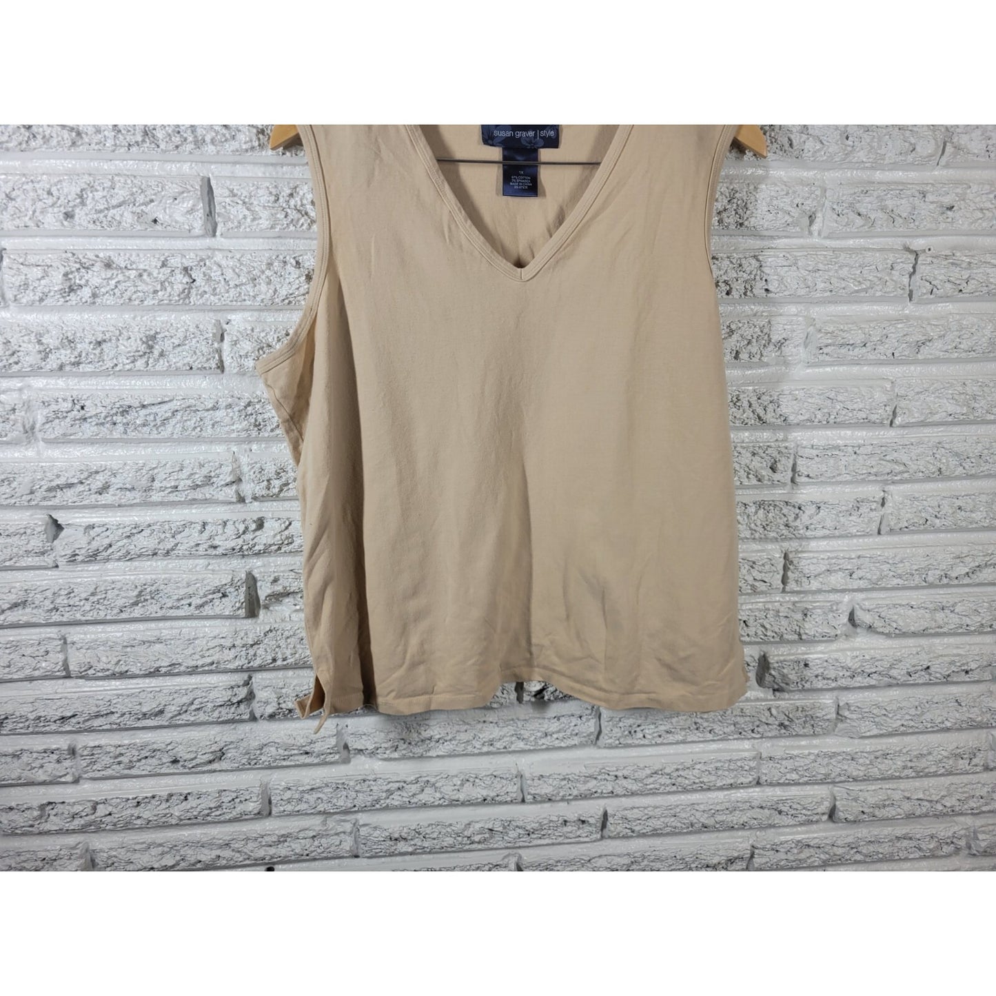 Susan Graver QVC Womens Top 1X Plus Sleeveless Beige Cotton Blend Career Casual